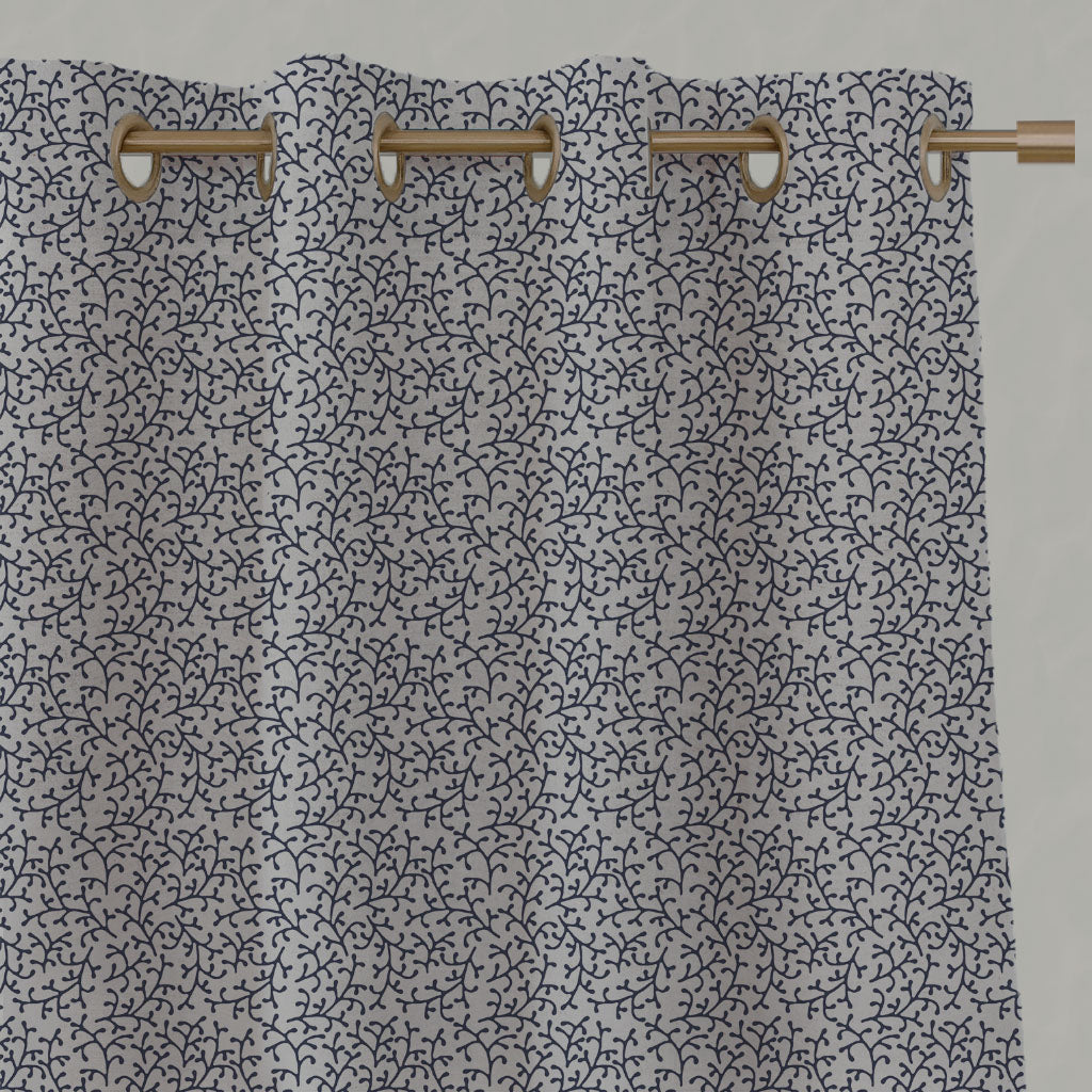 Blue Botanical Linen Eyelet Curtains - Phila Deep Blue - Natural base fabric.