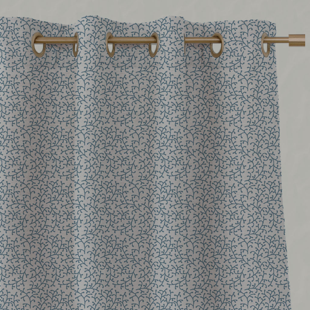Blue Botanical Linen Eyelet Curtains - Phila True Blue - Natural base fabric.
