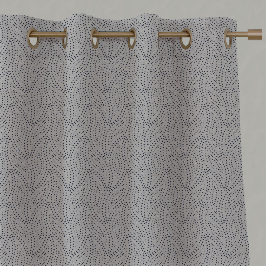 Blue Patterned Linen Eyelet Curtains - Pia Deep Blue - Natural base fabric.