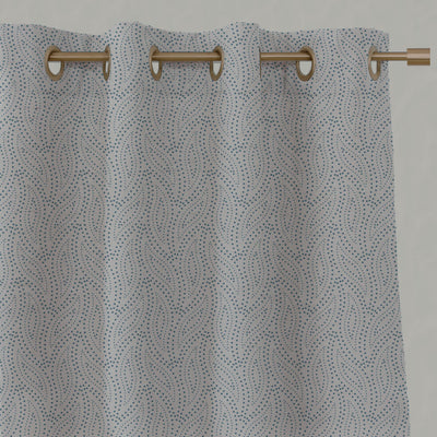 Blue Patterned Linen Eyelet Curtains - Pia Marine - Natural base fabric.