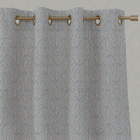 Blue Patterned Linen Eyelet Curtains - Pia True Blue - Natural base fabric.