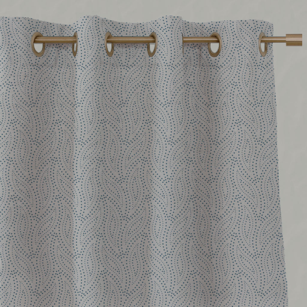 Blue Patterned Linen Eyelet Curtains - Pia True Blue - Natural base fabric.