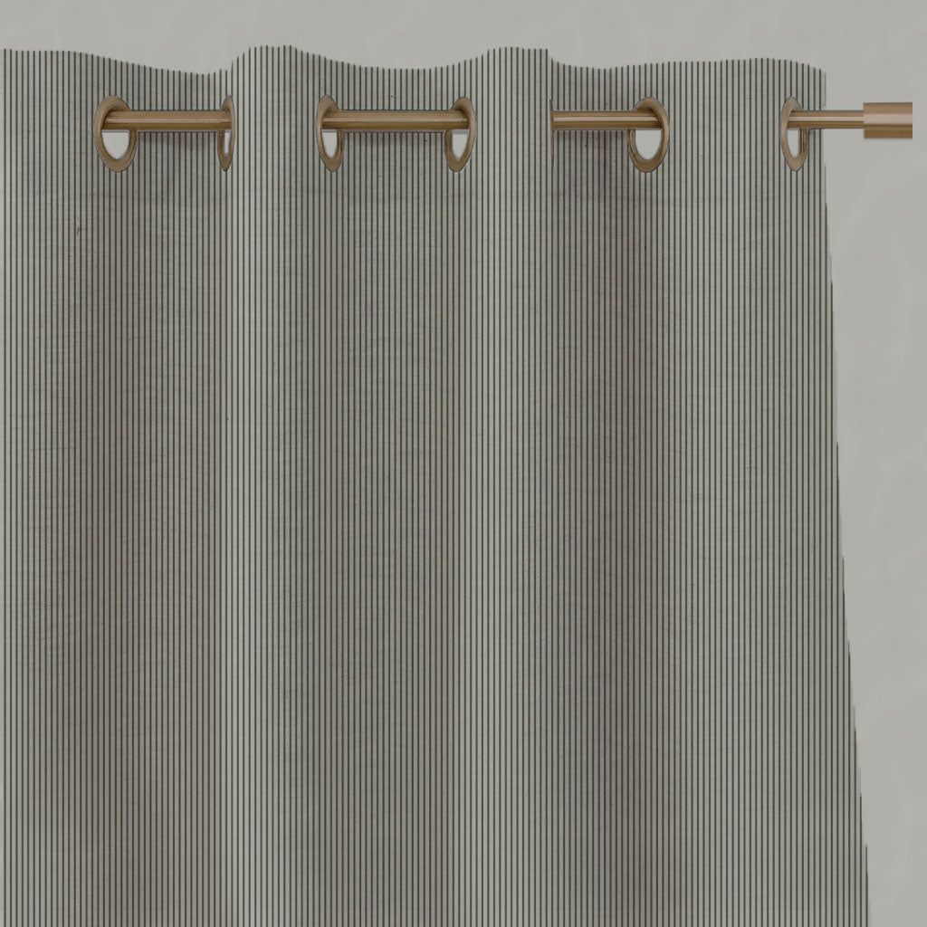 Green Striped Linen Eyelet Curtains - Pinni Khaki - Natural base fabric.