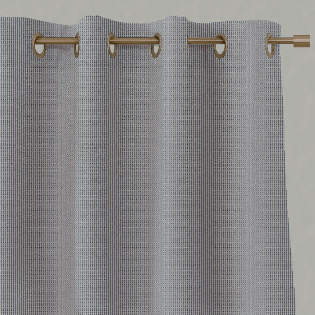 Blue Striped Linen Eyelet Curtains - Pinni Night Blue - Natural base fabric.