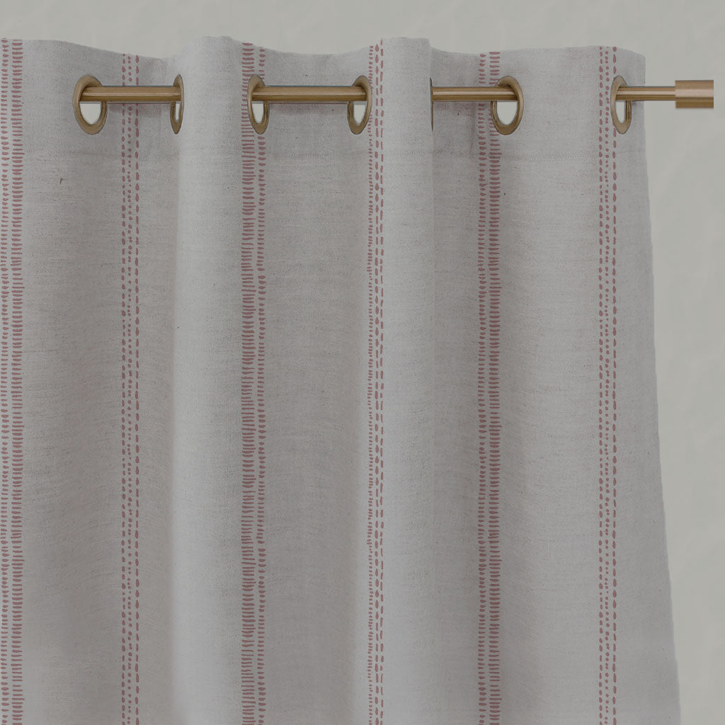 Pink Striped Linen Eyelet Curtains - Rae Dusty Pink - Natural base fabric.