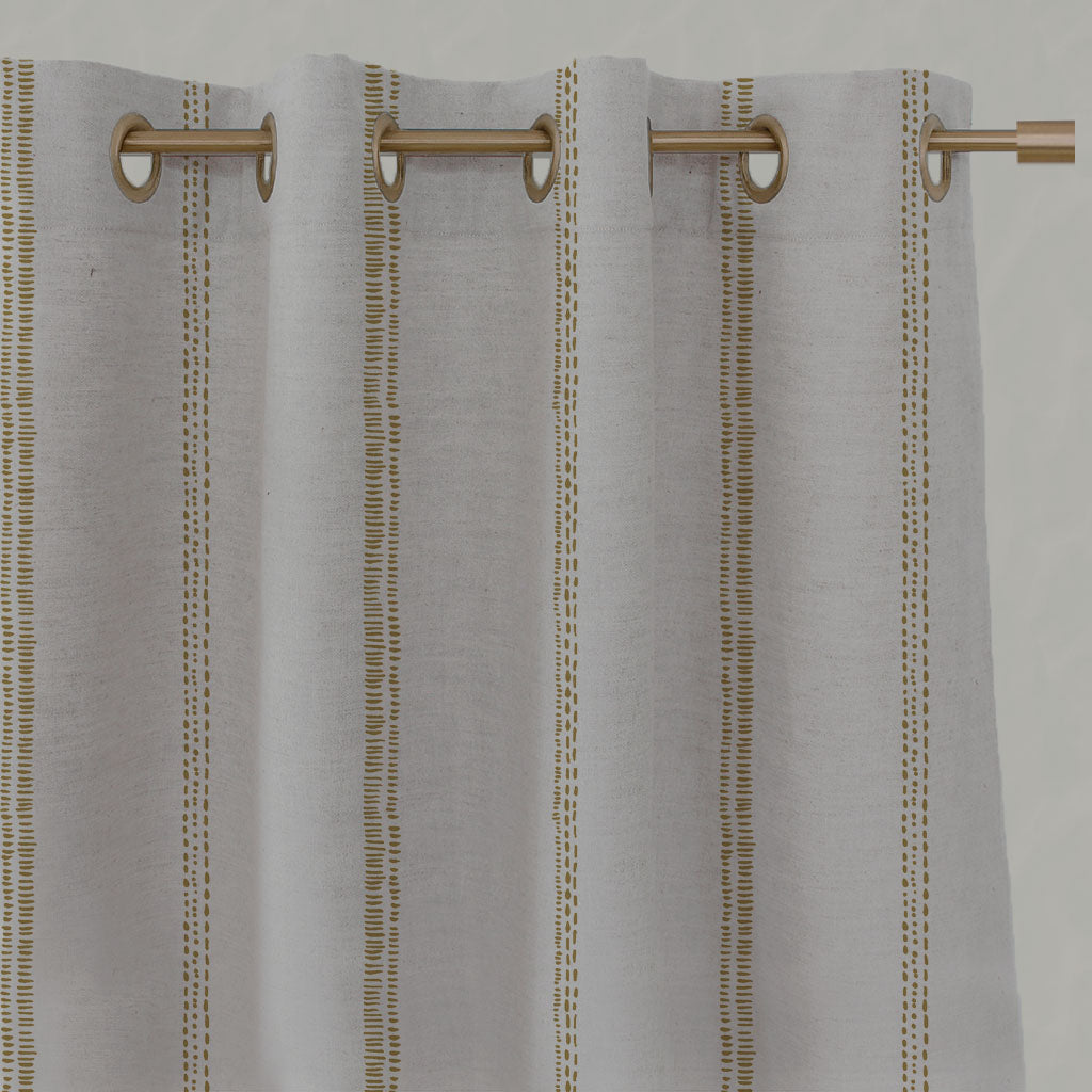 Yellow Striped Linen Eyelet Curtains - Rae Gold Rod - Natural base fabric.
