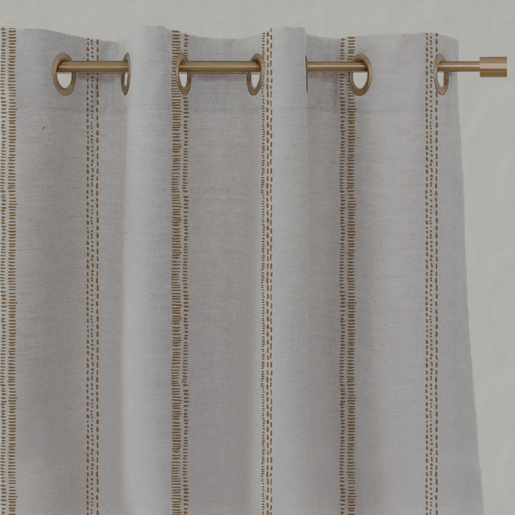 Orange / Yellow Striped Linen Eyelet Curtains - Rae Ochre - Natural base fabric.