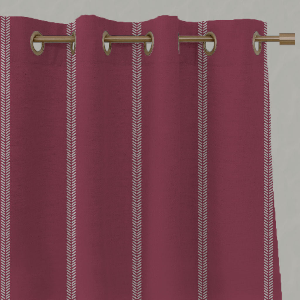 Red Striped Linen Eyelet Curtains - Rana Cherry - Natural base fabric.