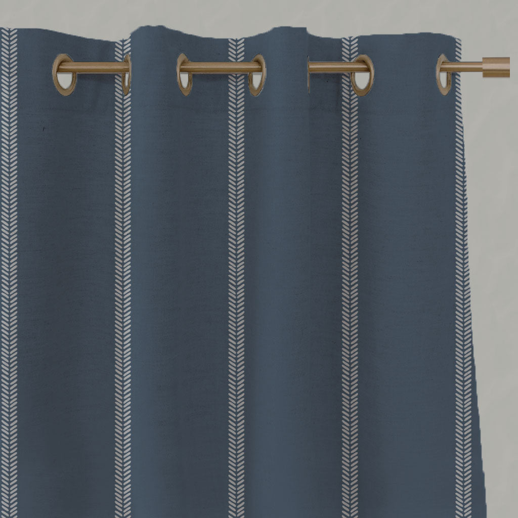 Blue Striped Linen Eyelet Curtains - Rana Denim - Natural base fabric.