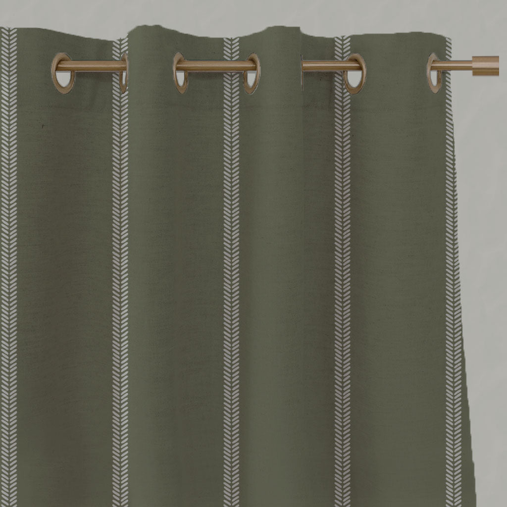 Green Striped Linen Eyelet Curtains - Rana Moss - Natural base fabric.