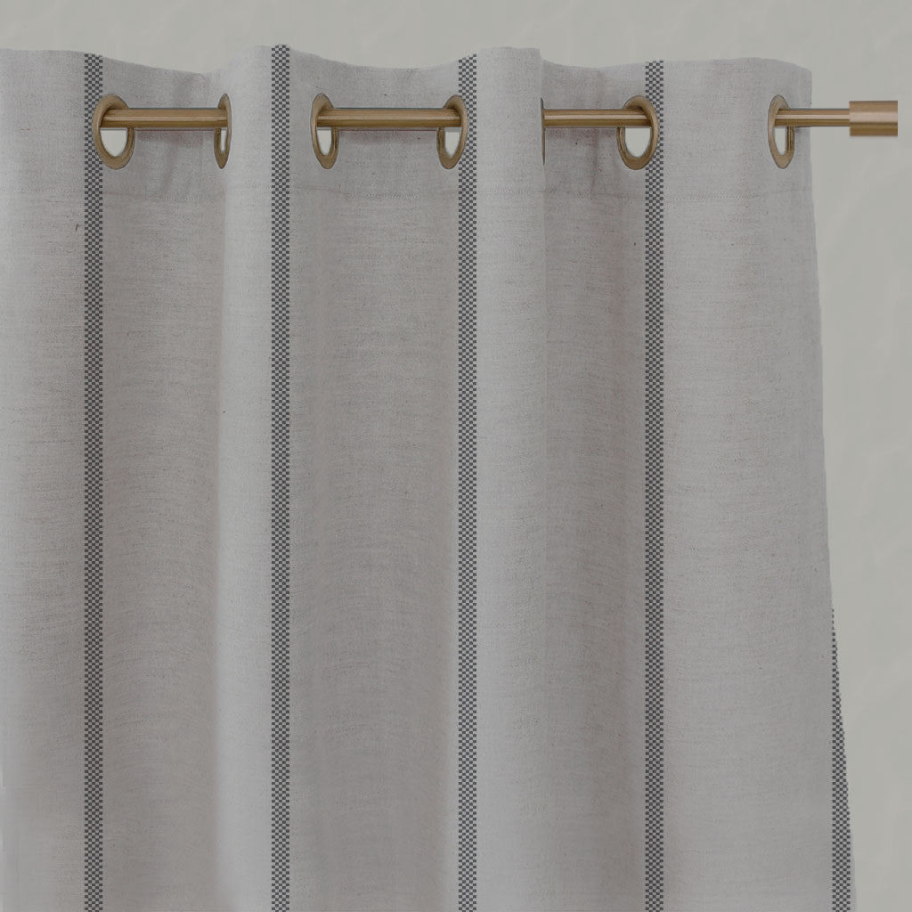 Grey Striped Linen Eyelet Curtains - Ronja Ash - Natural base fabric.