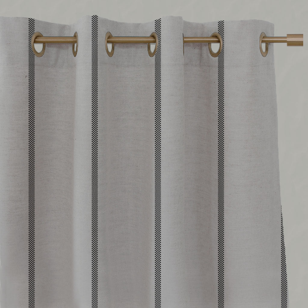 Black Striped Linen Eyelet Curtains - Ronja Black - Natural base fabric.