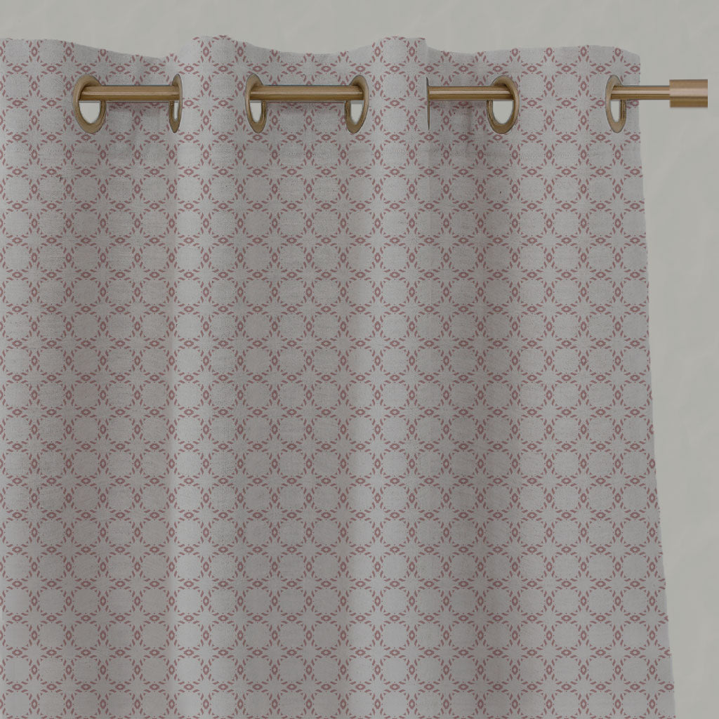 Pink Patterned Linen Eyelet Curtains - Rosalina Dusty Pink - Natural base fabric.