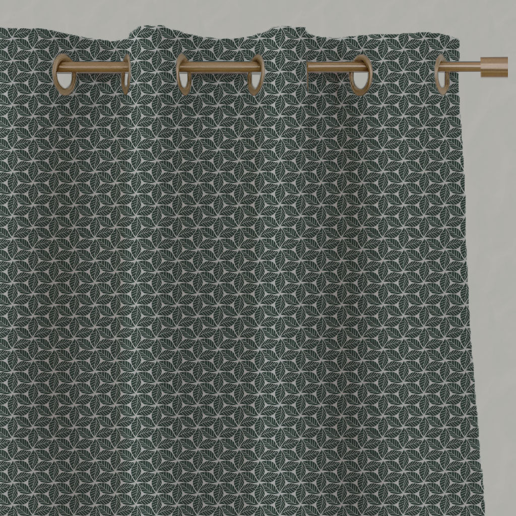 Green Botanical Linen Eyelet Curtains - Saana Dark Pine - Natural base fabric.