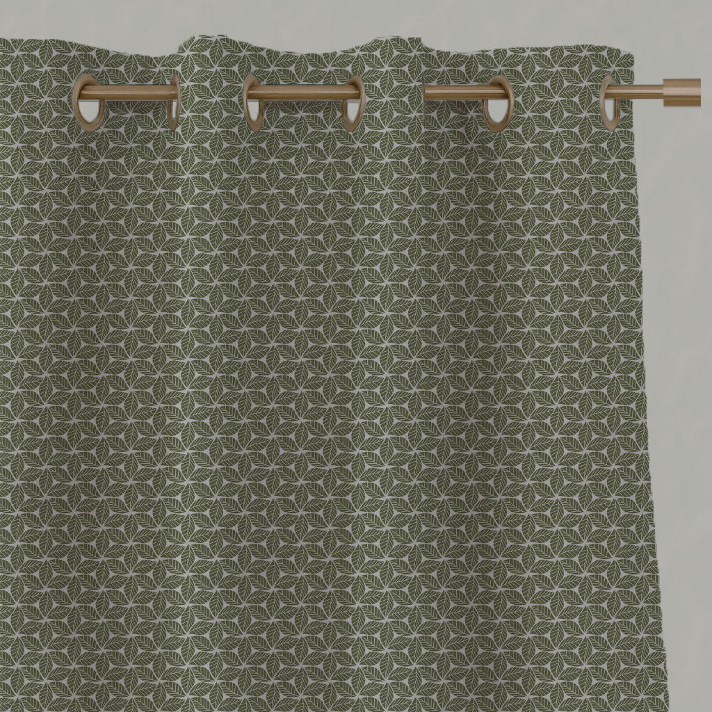 Green Botanical Linen Eyelet Curtains - Saana Khaki - Natural base fabric.