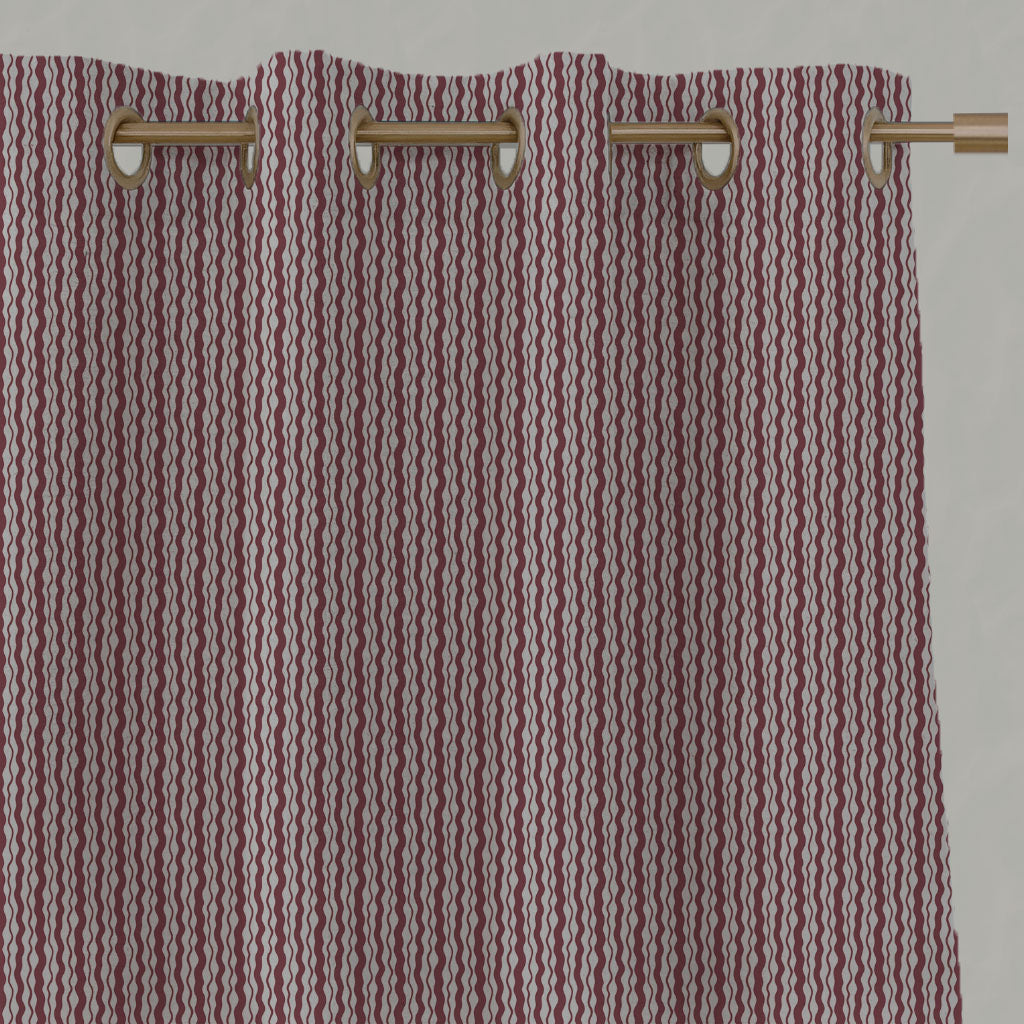 Red Patterned Linen Eyelet Curtains - Safiya Wine - Natural base fabric.