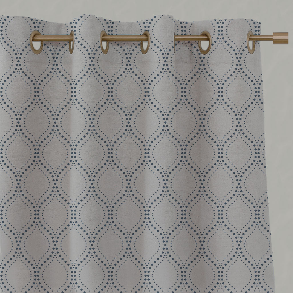 Blue Patterned Linen Eyelet Curtains - Sara-NAT Denim - Natural base fabric.