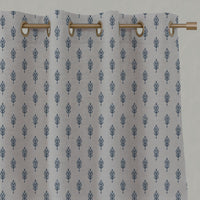 Blue Botanical Linen Eyelet Curtains - Sariann Denim - Natural base fabric.