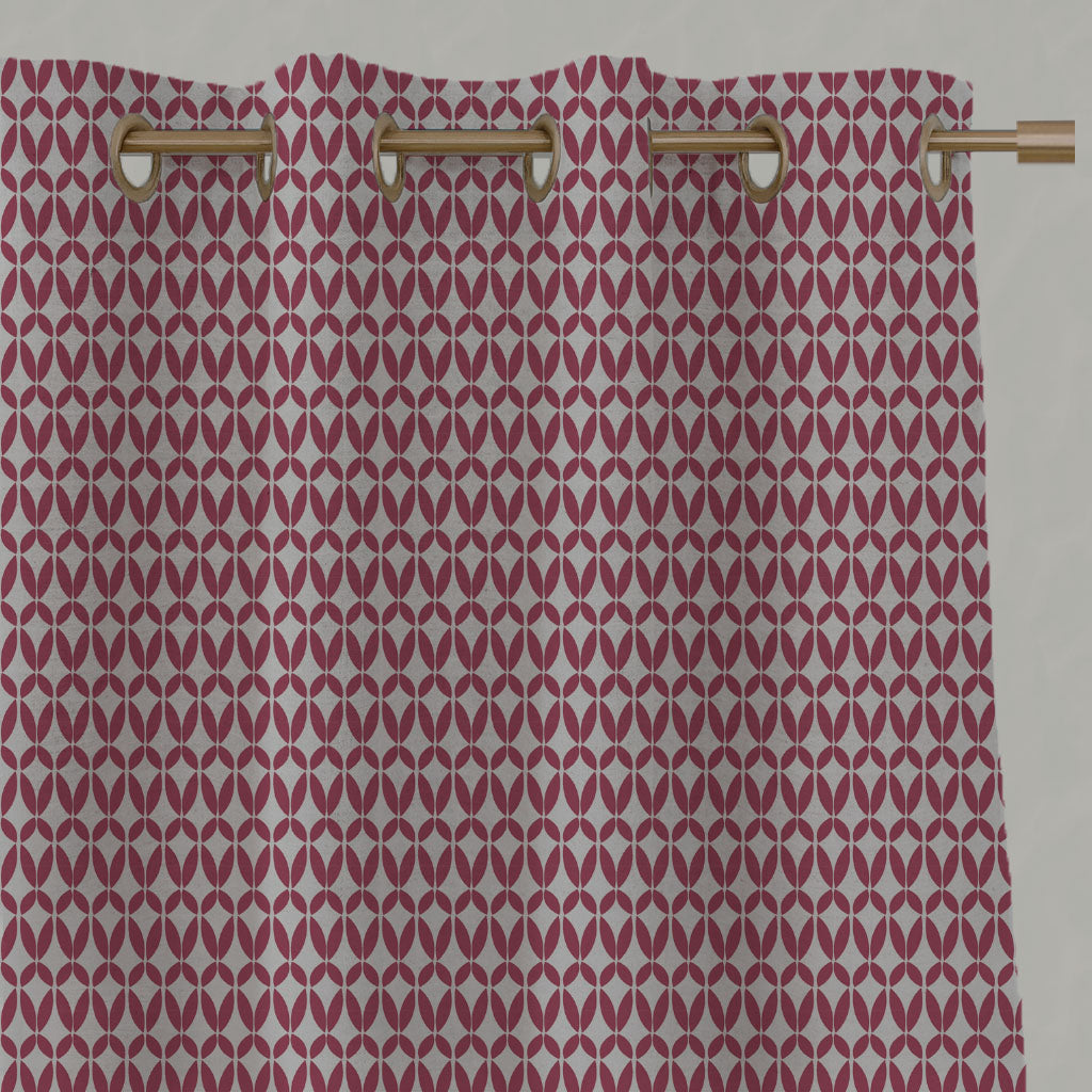 Red Patterned Linen Eyelet Curtains - Siruna Cherry - Natural base fabric.