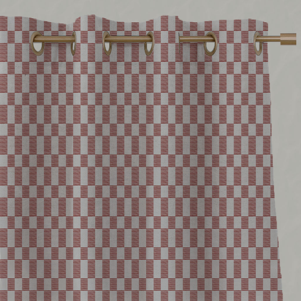 Red Checked Linen Eyelet Curtains - Sunni Crimson Red - Natural base fabric.