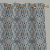 Blue Patterned Linen Eyelet Curtains - Sylvia Blue Stone - Natural base fabric.