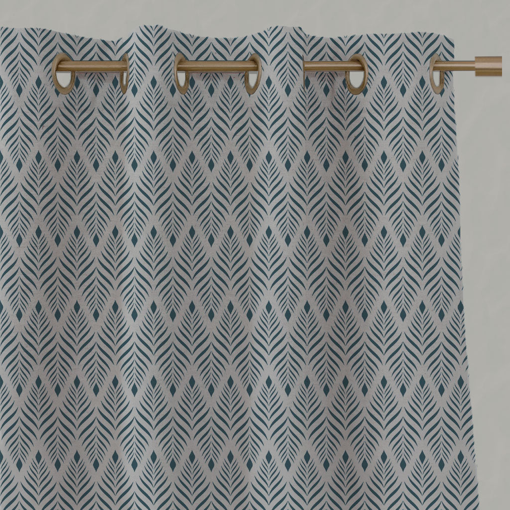 Blue Patterned Linen Eyelet Curtains - Sylvia Blue Stone - Natural base fabric.