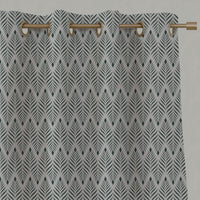 Green Patterned Linen Eyelet Curtains - Sylvia Dark Pine - Natural base fabric.