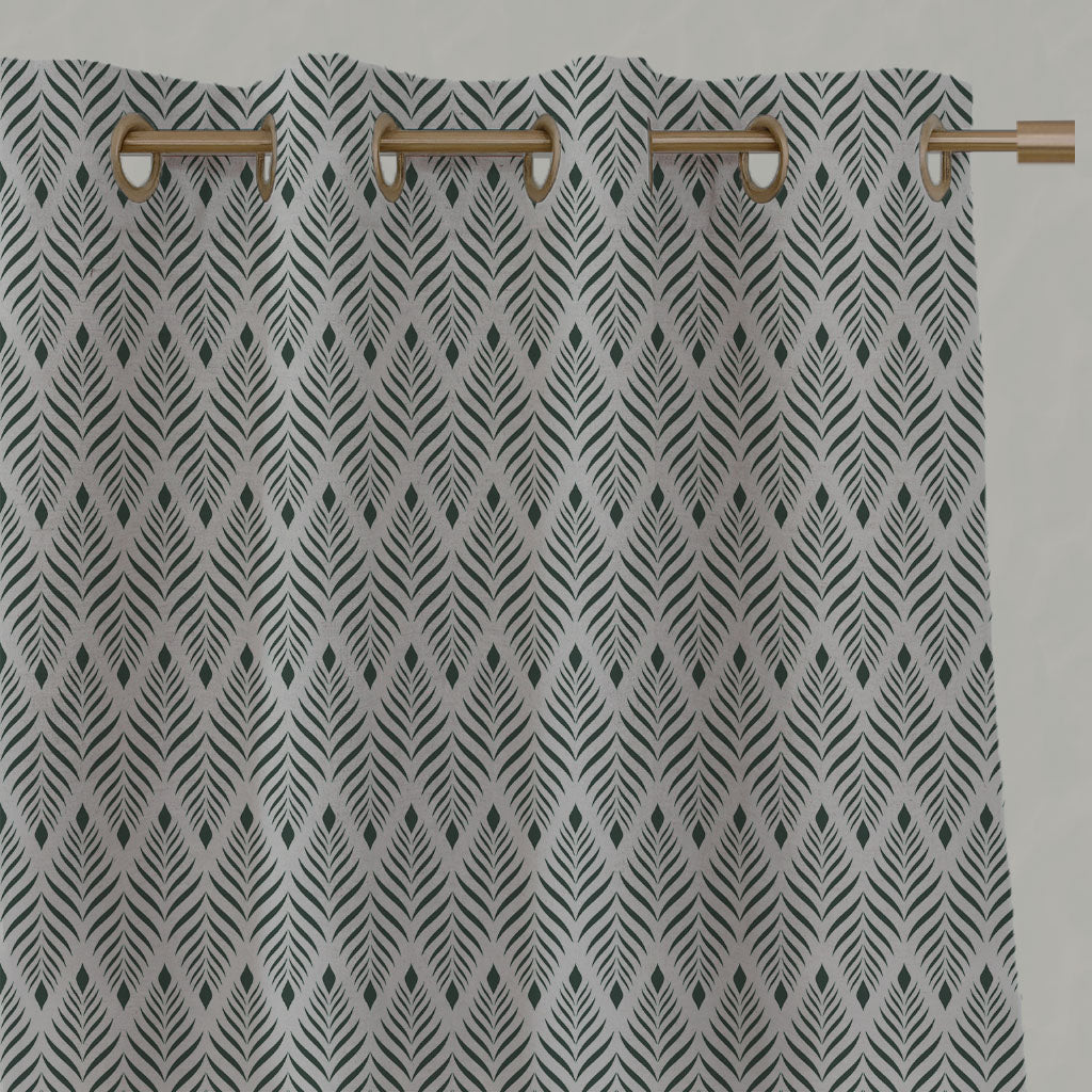 Green Patterned Linen Eyelet Curtains - Sylvia Dark Pine - Natural base fabric.