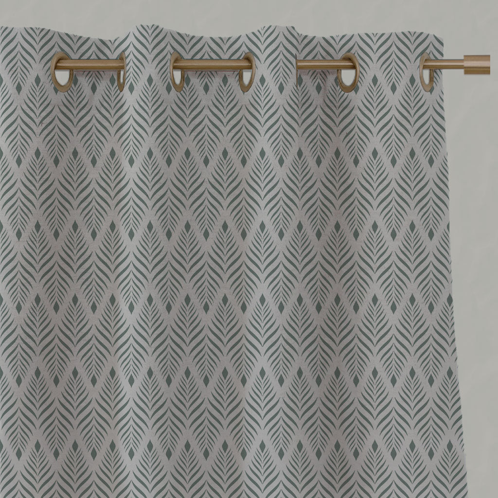 Green Patterned Linen Eyelet Curtains - Sylvia Sage - Natural base fabric.
