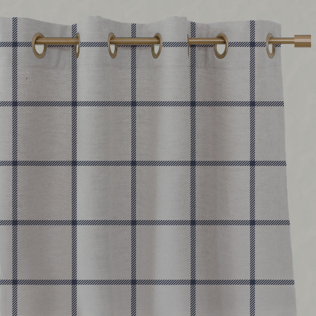 Blue Checked Linen Eyelet Curtains - Tove Deep Blue - Natural base fabric.