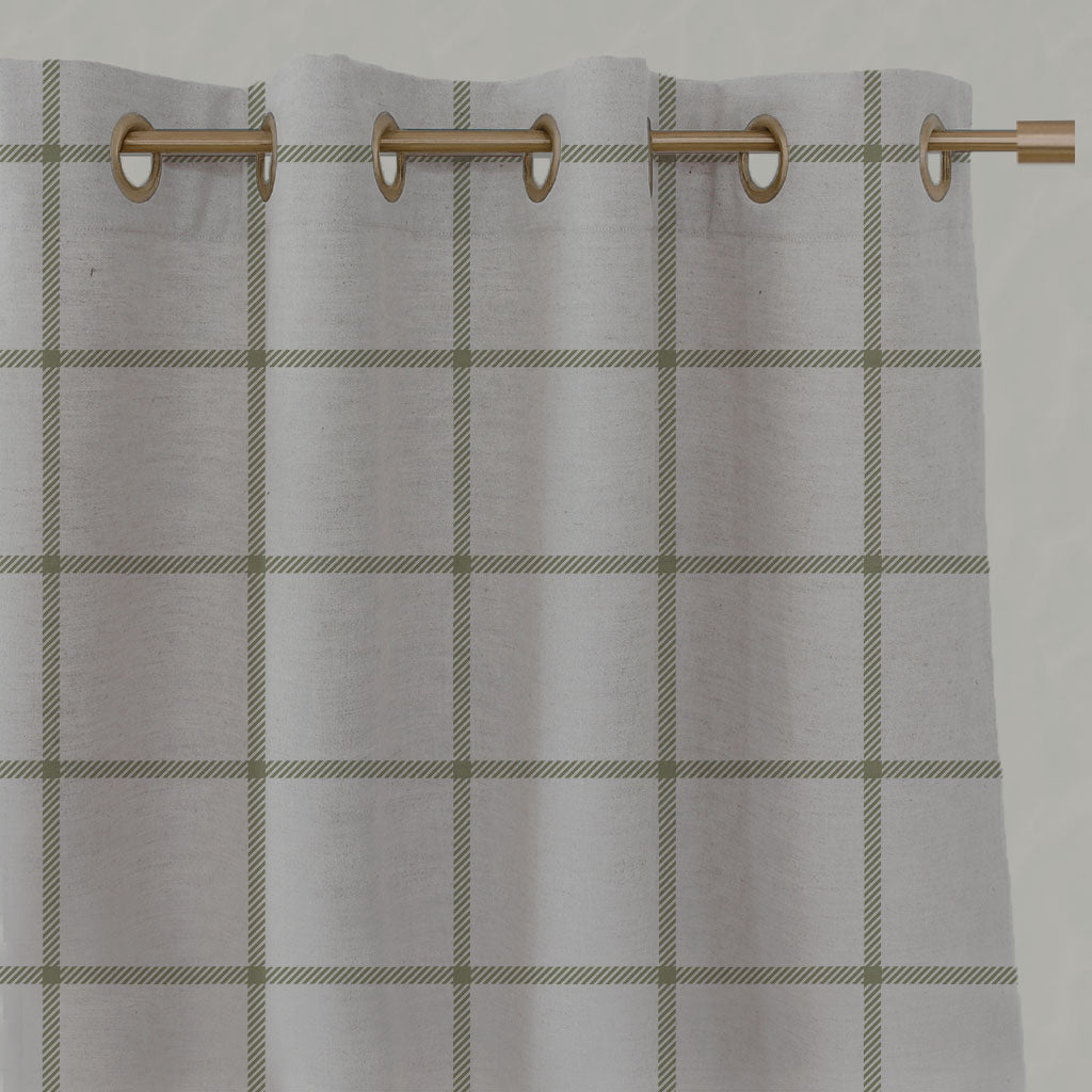 Green Checked Linen Eyelet Curtains - Tove Olive - Natural base fabric.
