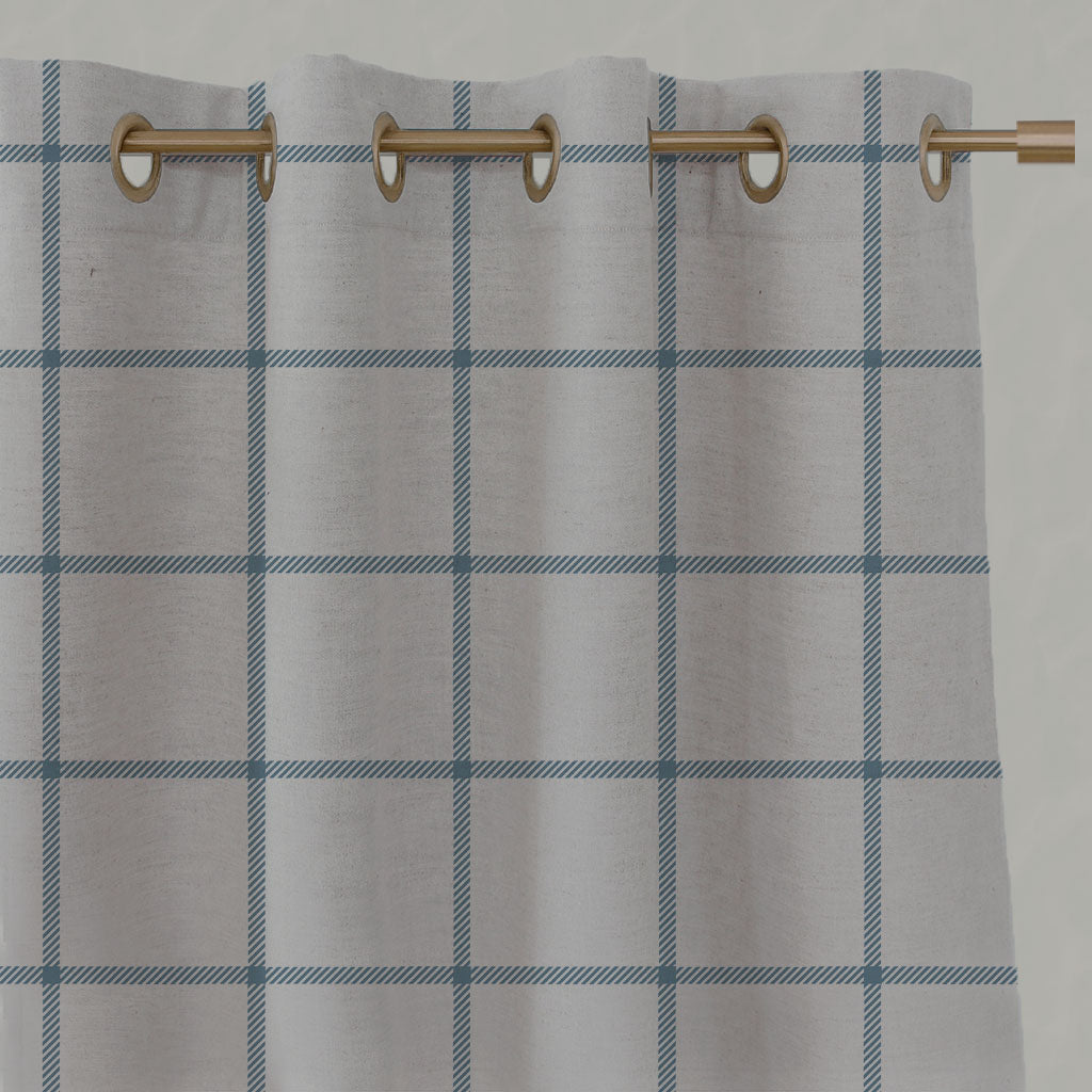 Blue Checked Linen Eyelet Curtains - Tove True Blue - Natural base fabric.