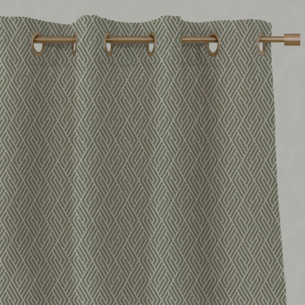 Green Patterned Linen Eyelet Curtains - Vera Olive - Natural base fabric.