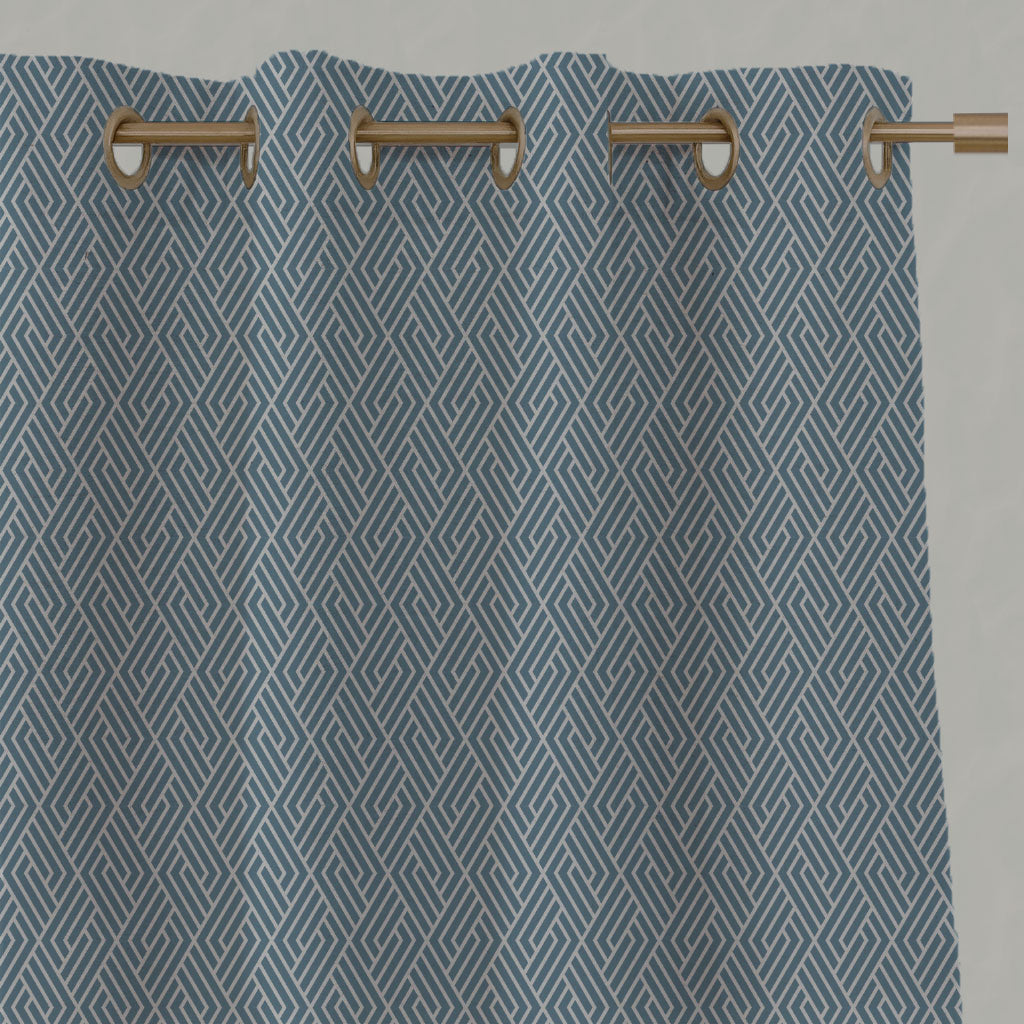 Blue Patterned Linen Eyelet Curtains - Vera True Blue - Natural base fabric.