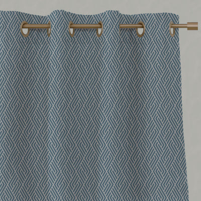 Blue Patterned Linen Eyelet Curtains - Vera True Blue - Natural base fabric.