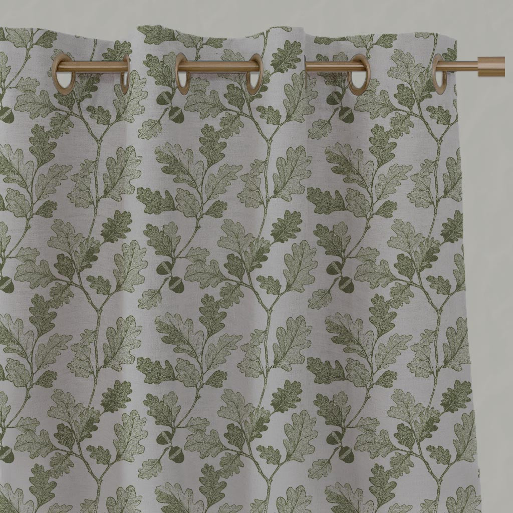 Green Botanical Linen Eyelet Curtain - Olini Khaki - Natural base fabric.