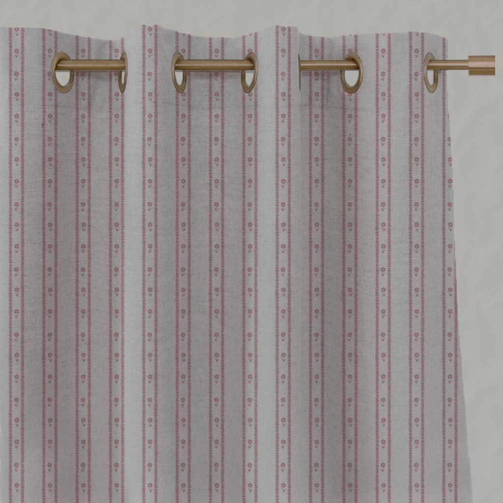 Pink Floral Stripe Linen Eyelet Curtain - Silvian Dusty Pink - Natural base fabric.