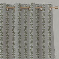 Green Floral Stripe Linen Eyelet Curtain - Skye Khaki - Natural base fabric.