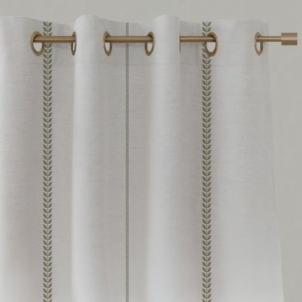 Green Striped Linen Eyelet Curtains - Berit Moss - White base fabric.