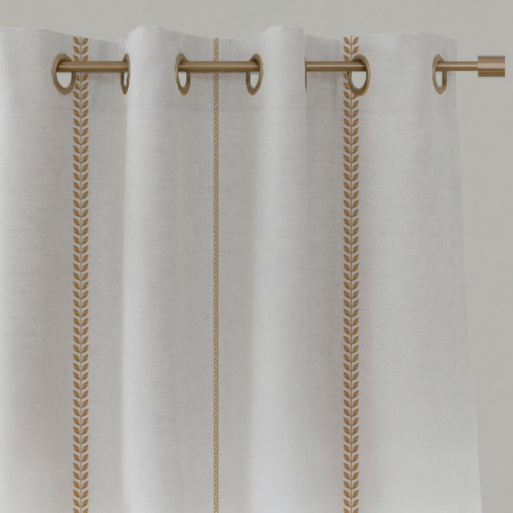Orange / Yellow Striped Linen Eyelet Curtains - Berit Ochre - White base fabric.