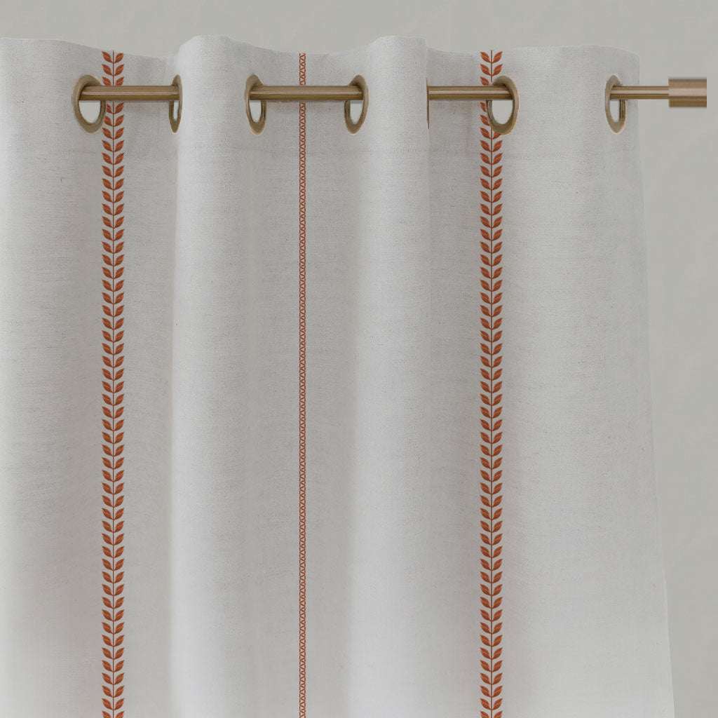 Red / Orange Striped Linen Eyelet Curtains - Berit Terracotta - White base fabric.