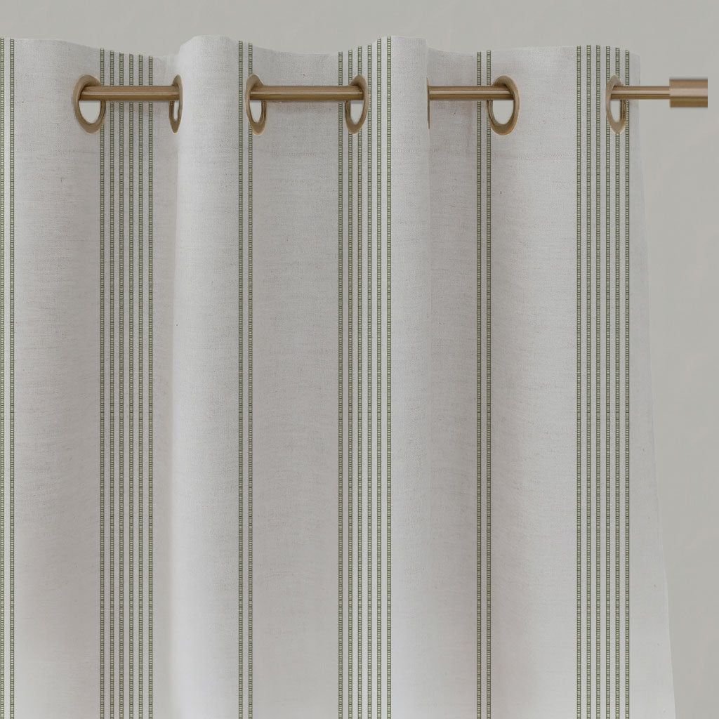 Green Striped Linen Eyelet Curtains - Brea Moss-WHT - White base fabric.