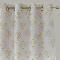 Yellow Patterned Linen Eyelet Curtains - Britt Dijon - White base fabric.