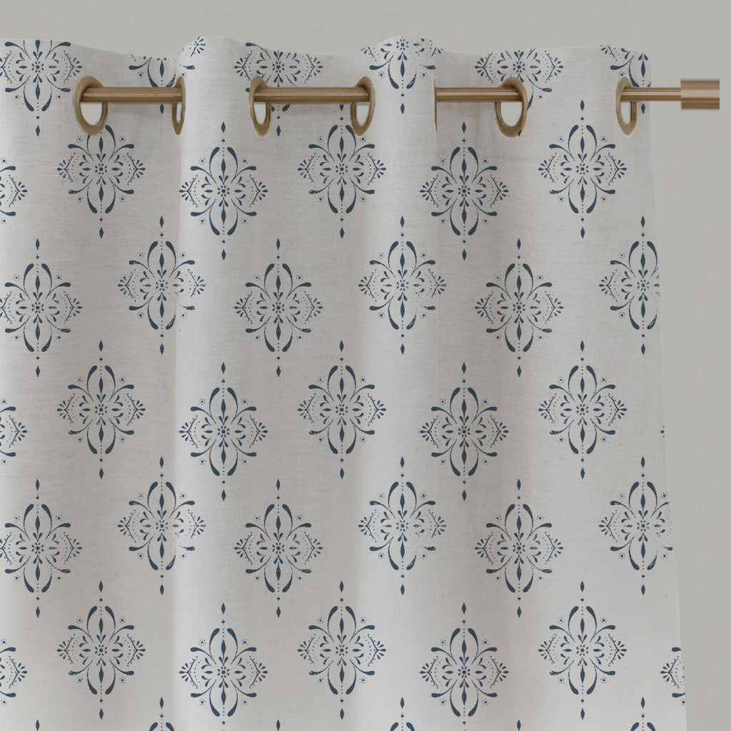 Blue Patterned Linen Eyelet Curtains - Britt Ink  - White base fabric.
