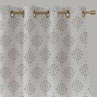 Green Patterned Linen Eyelet Curtains - Britt Moss - White base fabric.