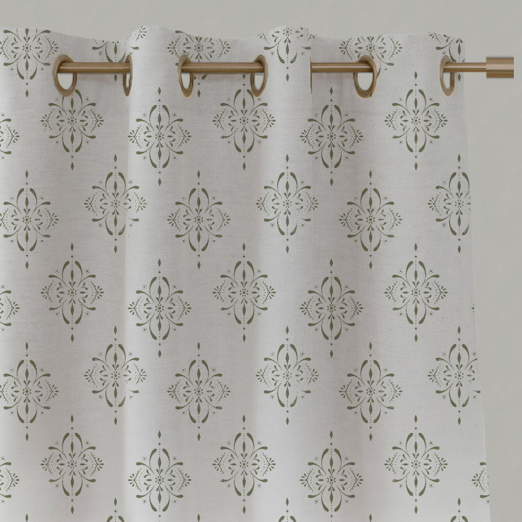 Green Patterned Linen Eyelet Curtains - Britt Moss - White base fabric.