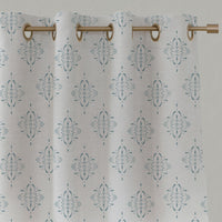 Blue Patterned Linen Eyelet Curtains - Britt Shadow Blue - White base fabric.
