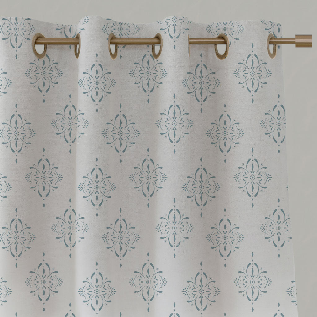Blue Patterned Linen Eyelet Curtains - Britt Shadow Blue - White base fabric.