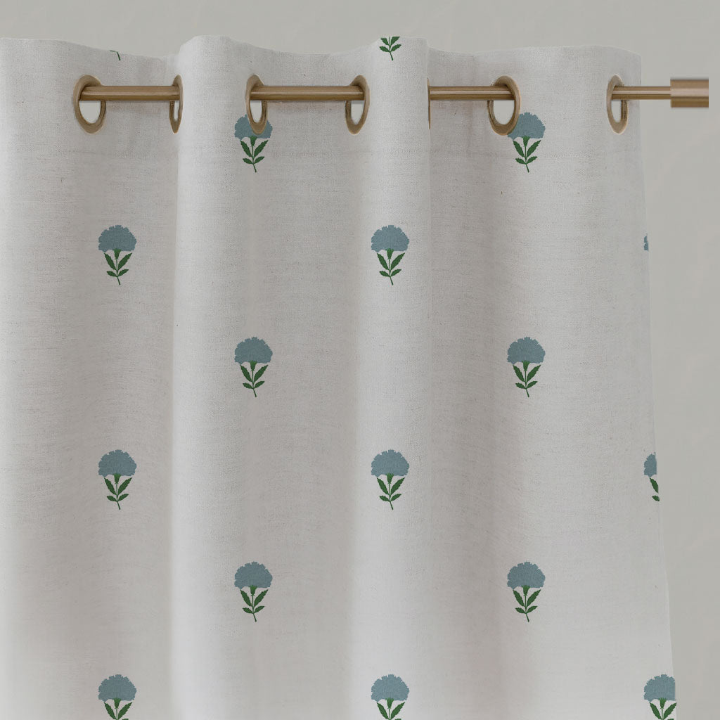 Blue Patterned Linen Eyelet Curtains - Cheyenne Blue Grey - White base fabric.