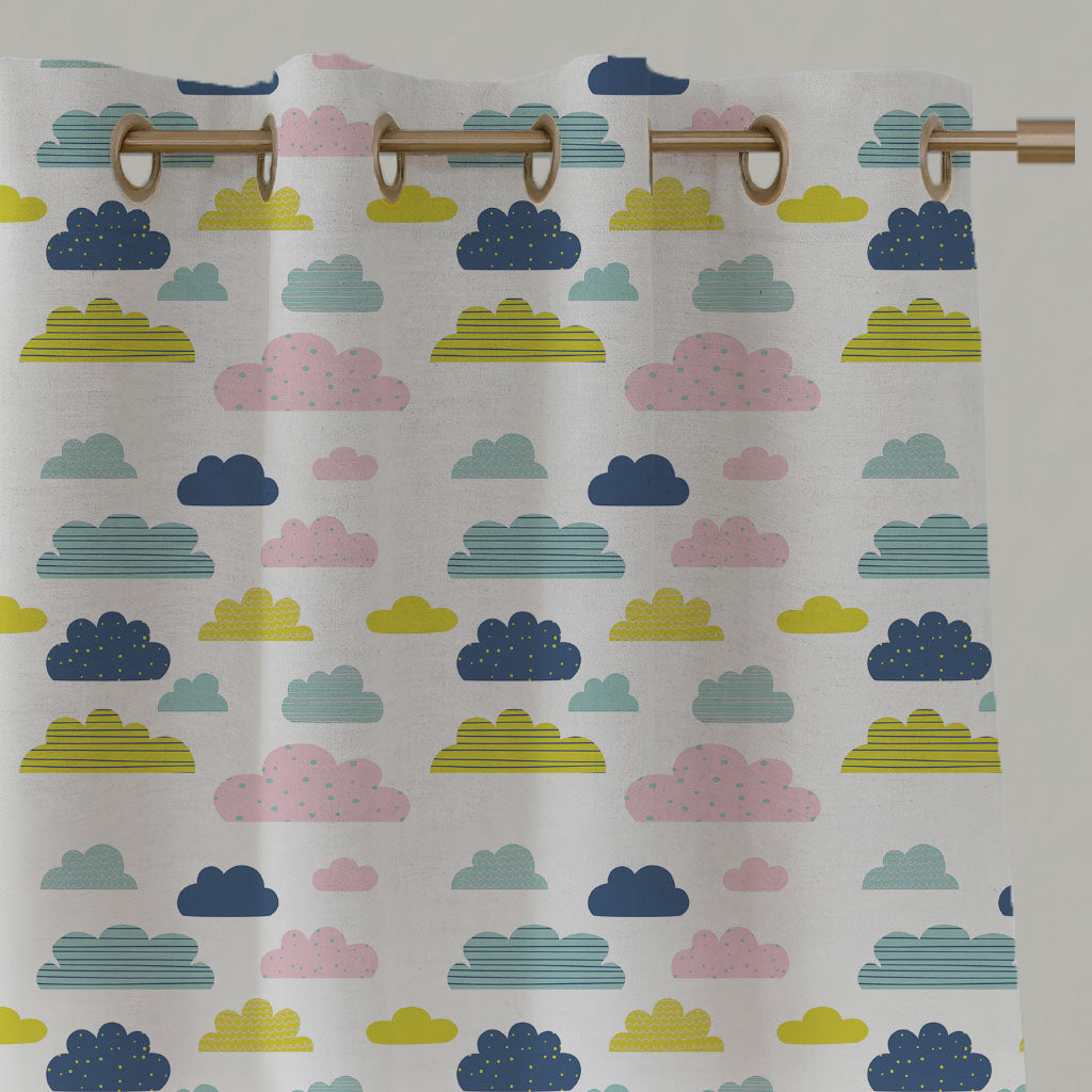 Yellow Kids Linen Eyelet Curtains - Cloud Dreams Circus - White base fabric.